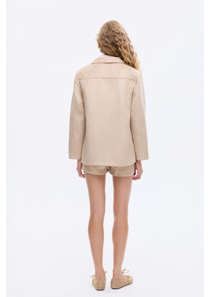 Kapak Cepli Süet Görünümlü Blazer Ceket Bej