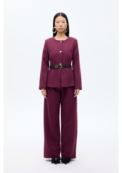 Kemer Aksesuarlı Yuvarlak Yaka Ceket Mürdüm