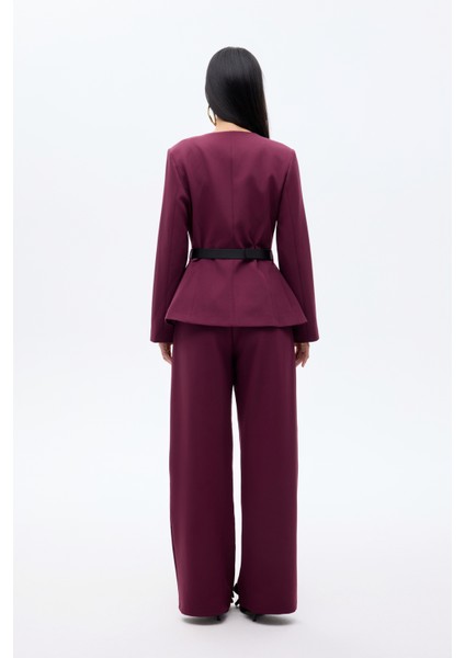 Kemer Aksesuarlı Yuvarlak Yaka Ceket Mürdüm