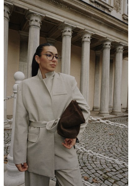 Kuşaklı Tek Düğmeli Oversize Blazer Ceket Vizon