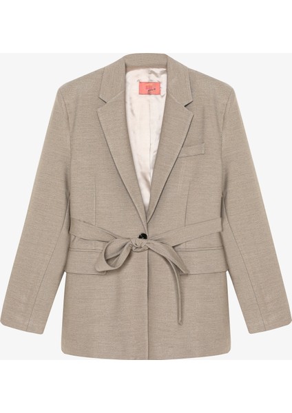 Kuşaklı Tek Düğmeli Oversize Blazer Ceket Vizon