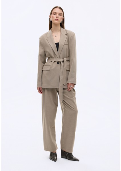 Kuşaklı Tek Düğmeli Oversize Blazer Ceket Vizon