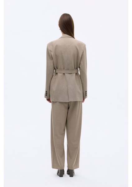 Kuşaklı Tek Düğmeli Oversize Blazer Ceket Vizon