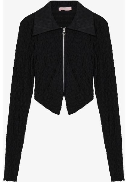 Gofre Dokulu Fermuarlı Crop Bluz Siyah fiyatları