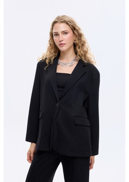 Tek Düğmeli Yumuşak Dokulu Oversize Blazer Ceket Siyah