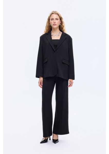 Tek Düğmeli Yumuşak Dokulu Oversize Blazer Ceket Siyah