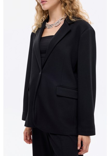 Tek Düğmeli Yumuşak Dokulu Oversize Blazer Ceket Siyah