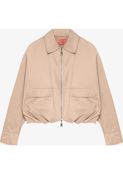Sırtı Şeritli Gömlek Yaka Oversize Bomber Ceket Bej