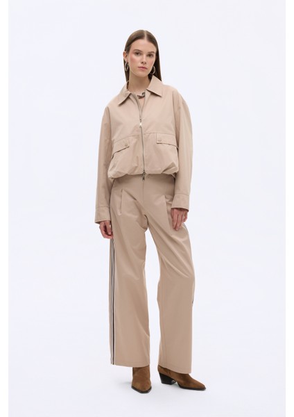 Sırtı Şeritli Gömlek Yaka Oversize Bomber Ceket Bej