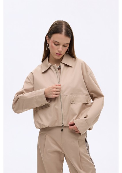Sırtı Şeritli Gömlek Yaka Oversize Bomber Ceket Bej