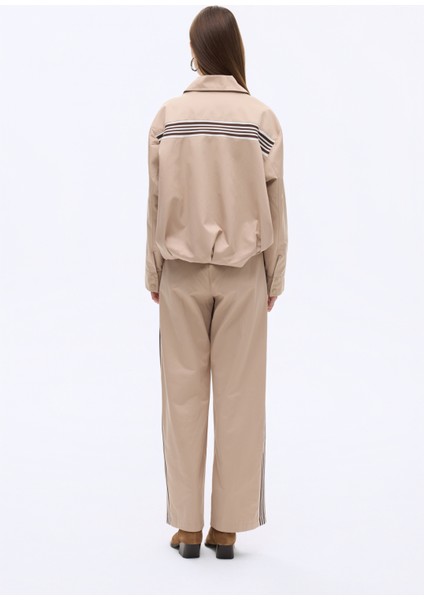 Sırtı Şeritli Gömlek Yaka Oversize Bomber Ceket Bej