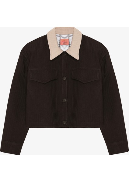 Düğmeli Kontrast Yaka Kısa Ceket Kahverengi modelleri