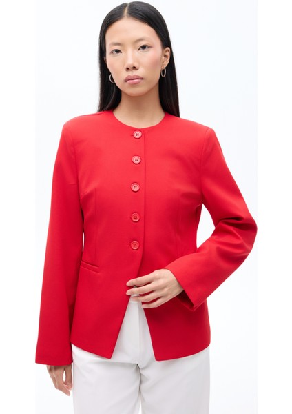 Yuvarlak Yaka Düğmeli Blazer Ceket Kırmızı fiyatları