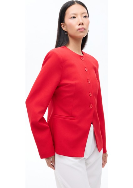 Yuvarlak Yaka Düğmeli Blazer Ceket Kırmızı fırsatları
