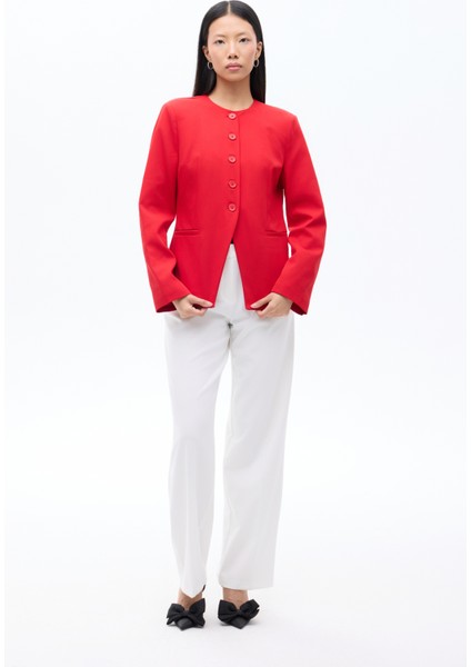 Yuvarlak Yaka Düğmeli Blazer Ceket Kırmızı indirimleri