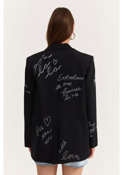 Taş Aksesuarlı Kalpli Blazer Ceket Siyah