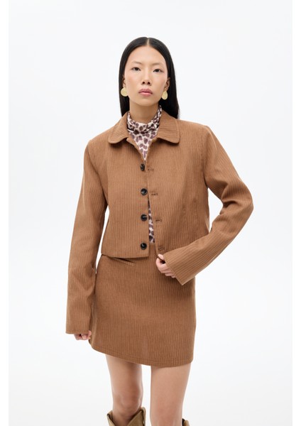 Vatkalı Gömlek Yaka Kadife Ceket Kahverengi