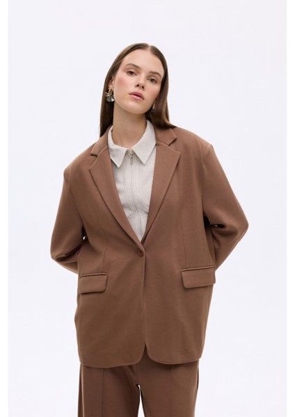 Tek Düğmeli Yumuşak Dokulu Oversize Blazer Ceket Kahverengi