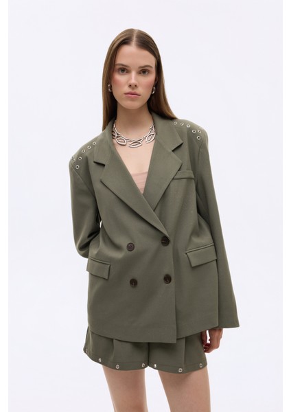 Kuş Gözü Detaylı Çift Düğmeli Oversize Blazer Ceket Haki fiyatları