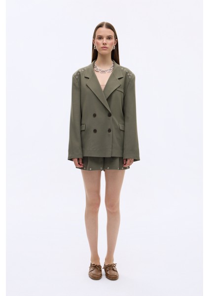 Kuş Gözü Detaylı Çift Düğmeli Oversize Blazer Ceket Haki fırsatları