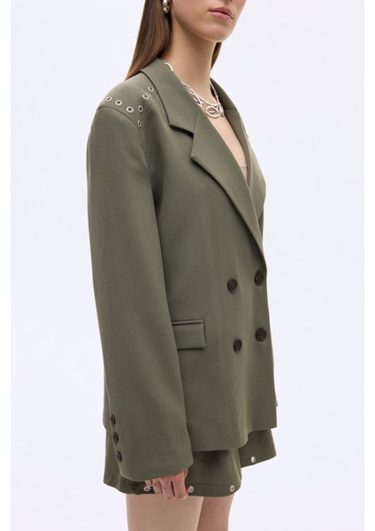 Kuş Gözü Detaylı Çift Düğmeli Oversize Blazer Ceket Haki indirimleri