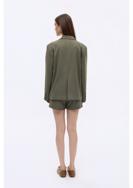 Kuş Gözü Detaylı Çift Düğmeli Oversize Blazer Ceket Haki