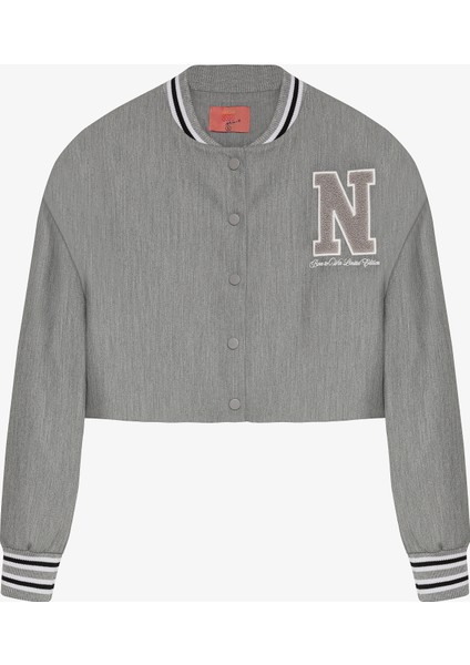 Harf Nakışlı Ribanalı Kısa Bomber Ceket Gri