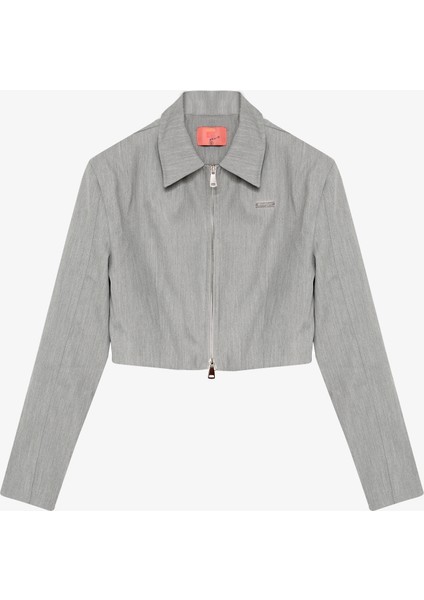 Gömlek Yaka Fermuarlı Kısa Ceket Gri