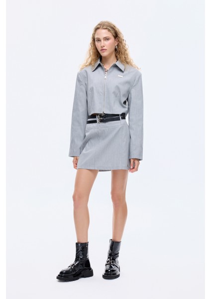 Gömlek Yaka Fermuarlı Kısa Ceket Gri