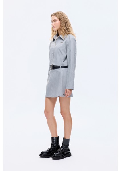 Gömlek Yaka Fermuarlı Kısa Ceket Gri