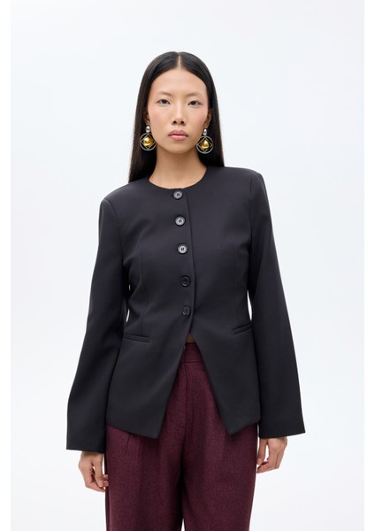 Yuvarlak Yaka Düğmeli Blazer Ceket Siyah fiyatları