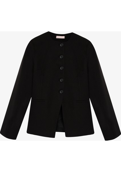 Yuvarlak Yaka Düğmeli Blazer Ceket Siyah modelleri