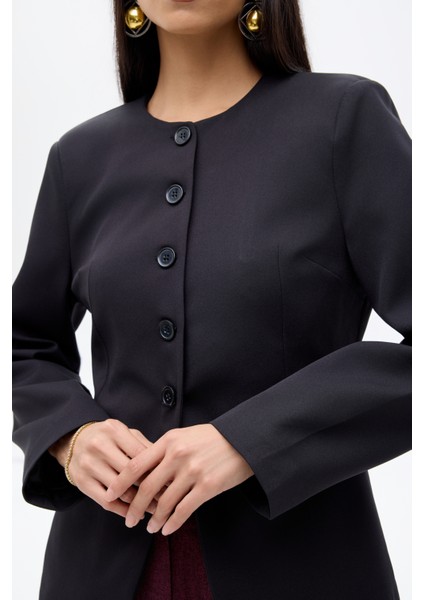 Yuvarlak Yaka Düğmeli Blazer Ceket Siyah fırsatları