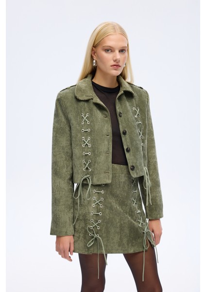 Bağcıklı Kadife Fitilli Ceket Haki fırsatları