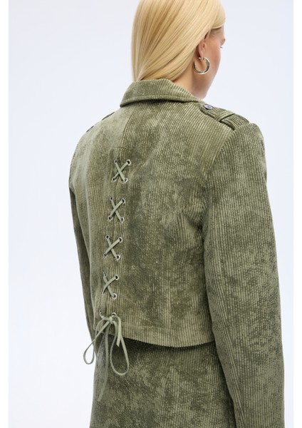 Bağcıklı Kadife Fitilli Ceket Haki