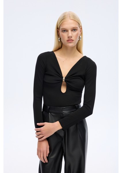 Halka Aksesuarlı Uzun Kollu Bodysuit Siyah fiyatları