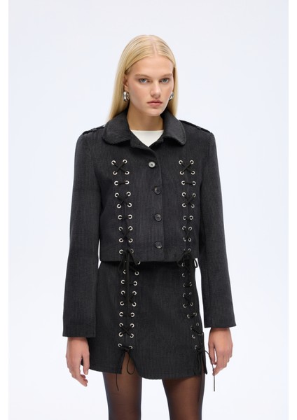 Bağcıklı Kadife Fitilli Ceket Siyah fiyatları