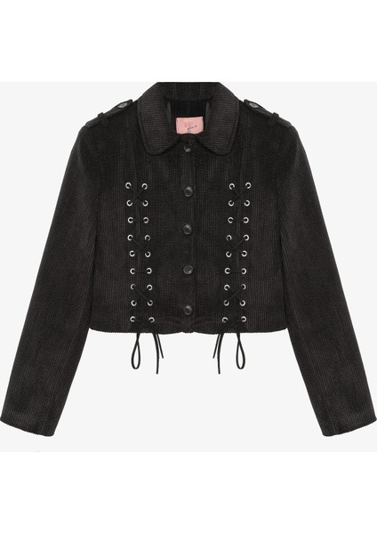 Bağcıklı Kadife Fitilli Ceket Siyah modelleri