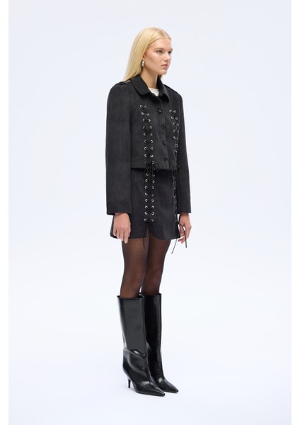 Bağcıklı Kadife Fitilli Ceket Siyah fırsatları