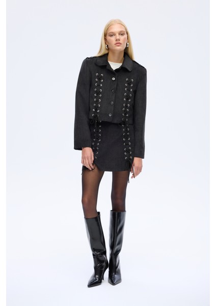 Bağcıklı Kadife Fitilli Ceket Siyah indirimleri