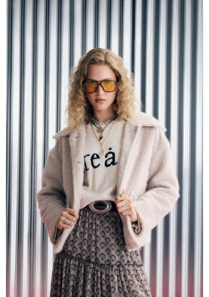 Gömlek Yaka Düğmeli Tüylü Ceket Bej