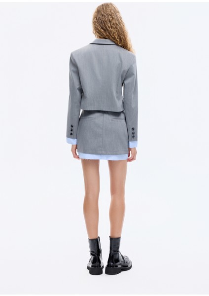 Kumaş Garnili Cep Detaylı Crop Blazer Ceket Gri