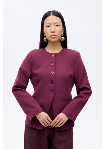 Yuvarlak Yaka Düğmeli Blazer Ceket Mürdüm fiyatları