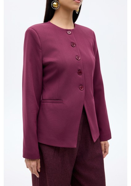 Yuvarlak Yaka Düğmeli Blazer Ceket Mürdüm fırsatları