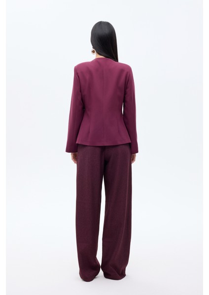 Yuvarlak Yaka Düğmeli Blazer Ceket Mürdüm