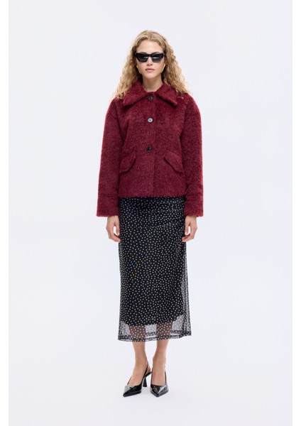 Gömlek Yaka Düğmeli Tüylü Ceket Mürdüm