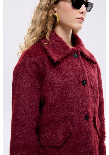 Gömlek Yaka Düğmeli Tüylü Ceket Mürdüm