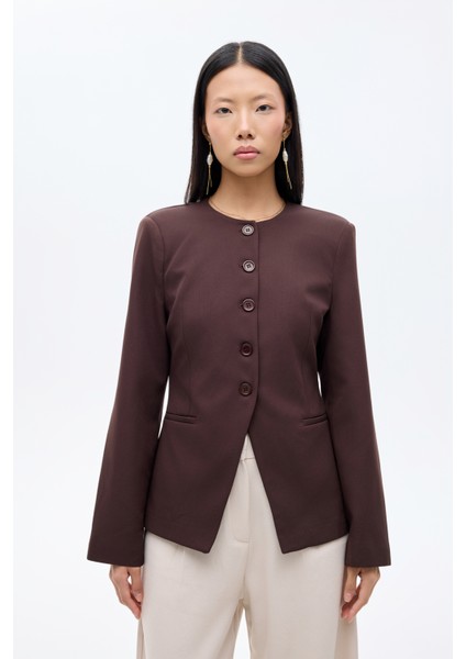 Yuvarlak Yaka Düğmeli Blazer Ceket Koyu Kahve fiyatları