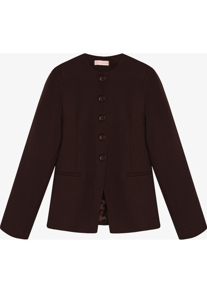 Yuvarlak Yaka Düğmeli Blazer Ceket Koyu Kahve modelleri