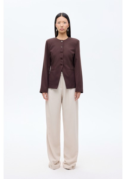 Yuvarlak Yaka Düğmeli Blazer Ceket Koyu Kahve fırsatları